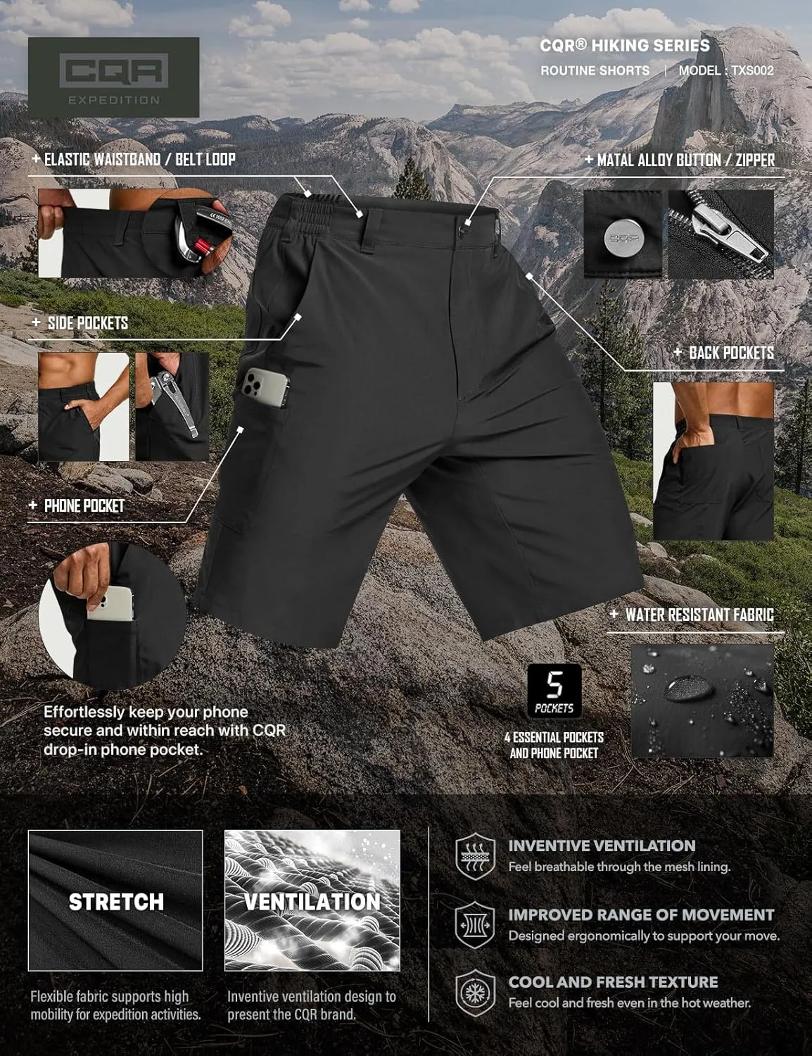 CQR Men's Quick Dry Stretch Hiking Cargo Shorts, Lightweight Water Resistant Tactical Casual, Golf & Outdoor with Pockets
