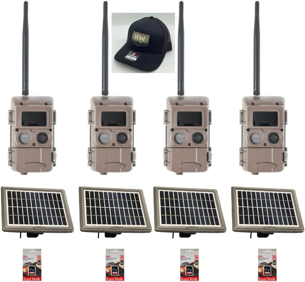 Cuddeback 4 Blackflash Cameras New L Series 4 Solar Power Banks PW-3600 4 16GB SD Cards 1 Hunters Warehouse Hat New