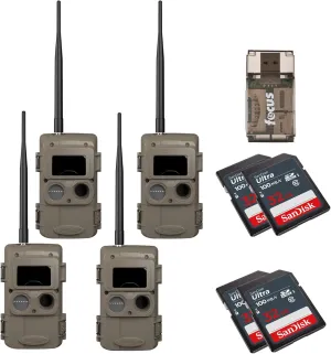 Cuddeback CuddeLink Wireless Trail Camera 3rd Gen Sensor, Low-Glow IR LED Camera with Antenna Bundle with 32 GB Memory Card, and USB Card Reader (4-Pack)