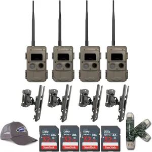 Cuddeback CuddeLink Wireless Trail Camera 3rd Gen Sensor, Low-Glow IR LED Camera with Antenna Bundle with Trail Camera Mount, 32 GB Memory Card, Adjustable Trucker Hat, and USB Card Reader (4-Pack)