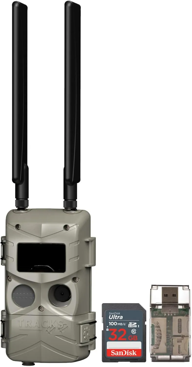 Cuddeback Tracks Cellular Low-Glow Camera - Remote Wildlife Monitoring & Surveillance Trail Cam for Hunters & Nature Enthusiasts Bundle with 32GB Memory Card and Card Reader (3 Items)
