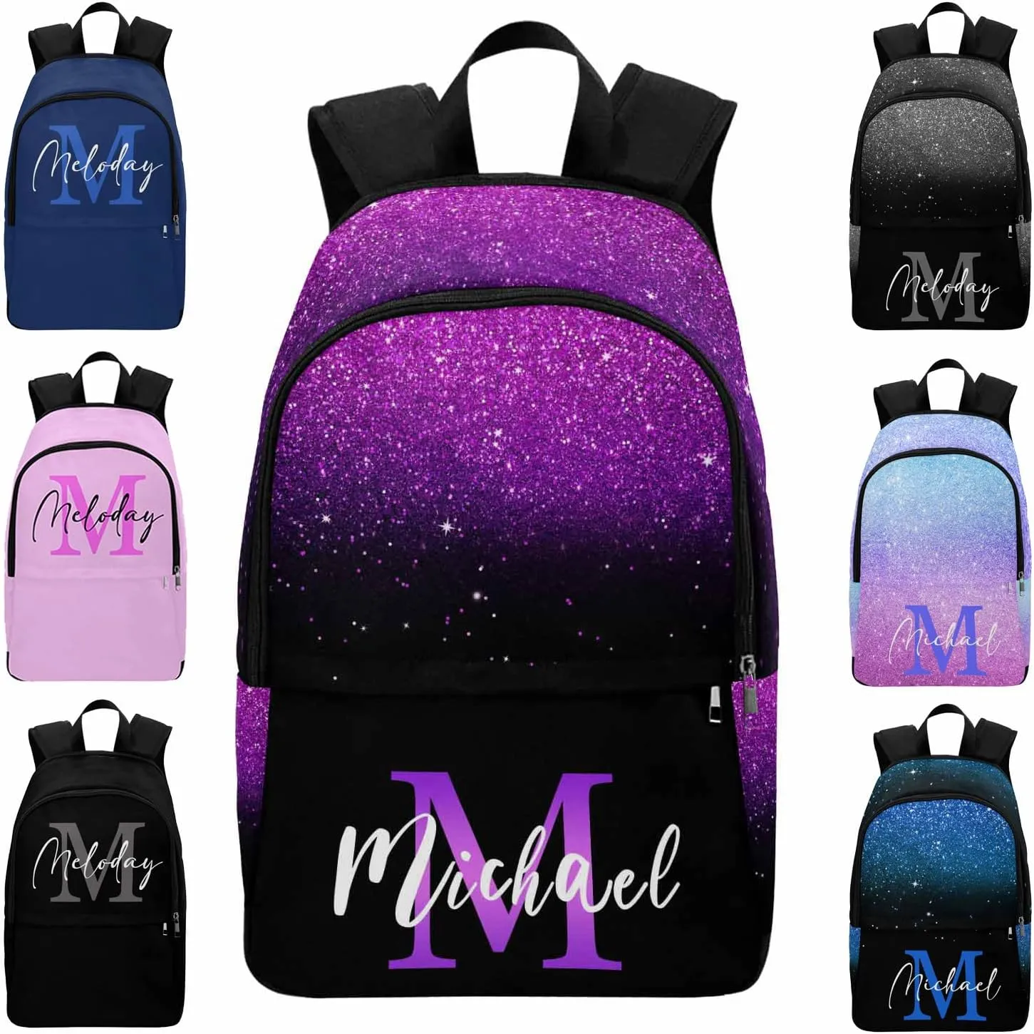 Custom Monogram Backpack for Kids, Personalized Shinning Glitter Bag Schoolbag Casual Daypack for Boys Girls Customized Initial Name Travel Laptop Bag Backpack for Daughter Son Teens Travel Picnic