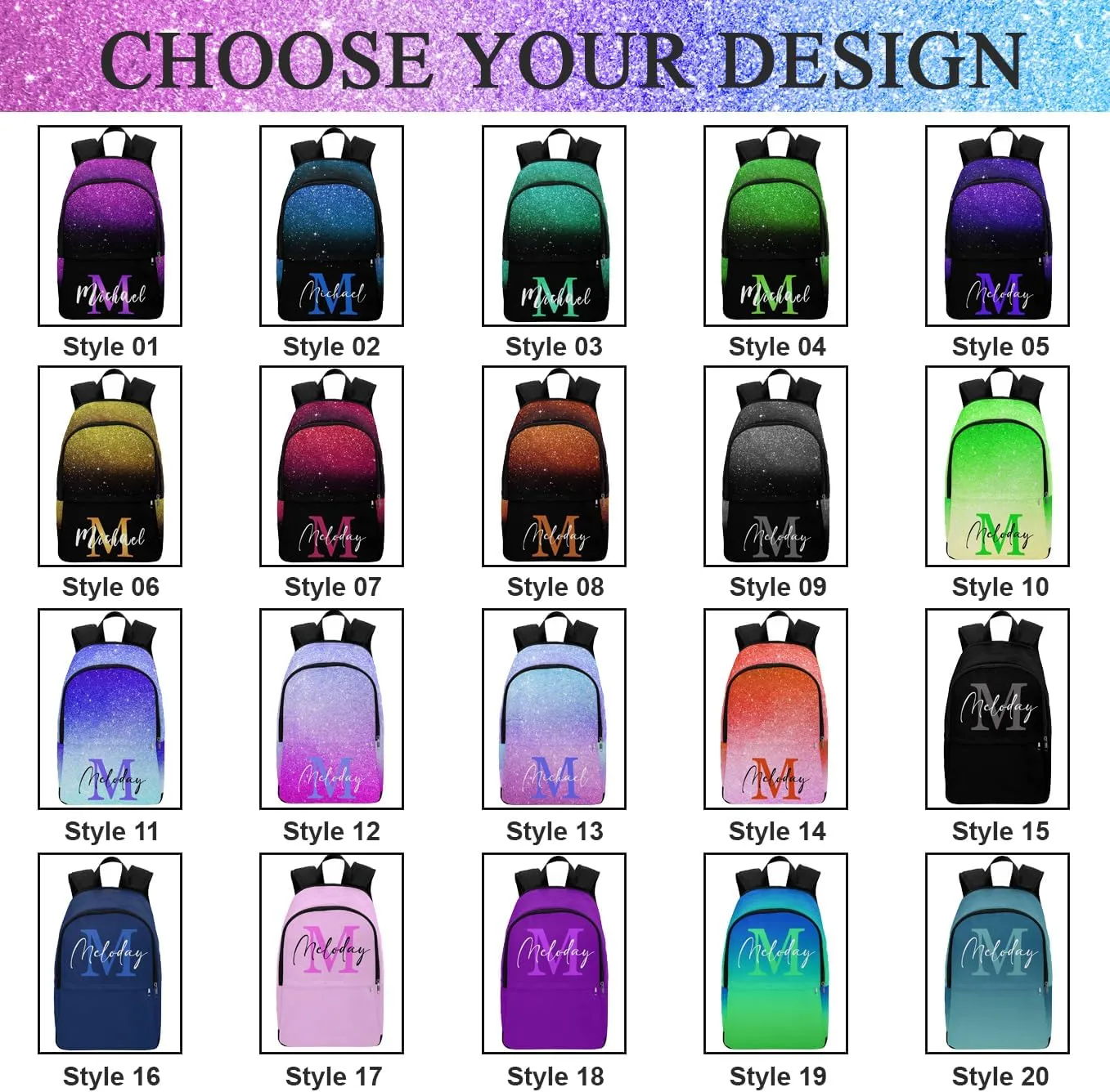 Custom Monogram Backpack for Kids, Personalized Shinning Glitter Bag Schoolbag Casual Daypack for Boys Girls Customized Initial Name Travel Laptop Bag Backpack for Daughter Son Teens Travel Picnic