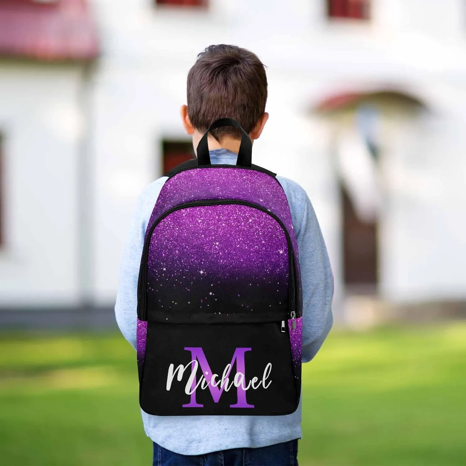 Custom Monogram Backpack for Kids, Personalized Shinning Glitter Bag Schoolbag Casual Daypack for Boys Girls Customized Initial Name Travel Laptop Bag Backpack for Daughter Son Teens Travel Picnic