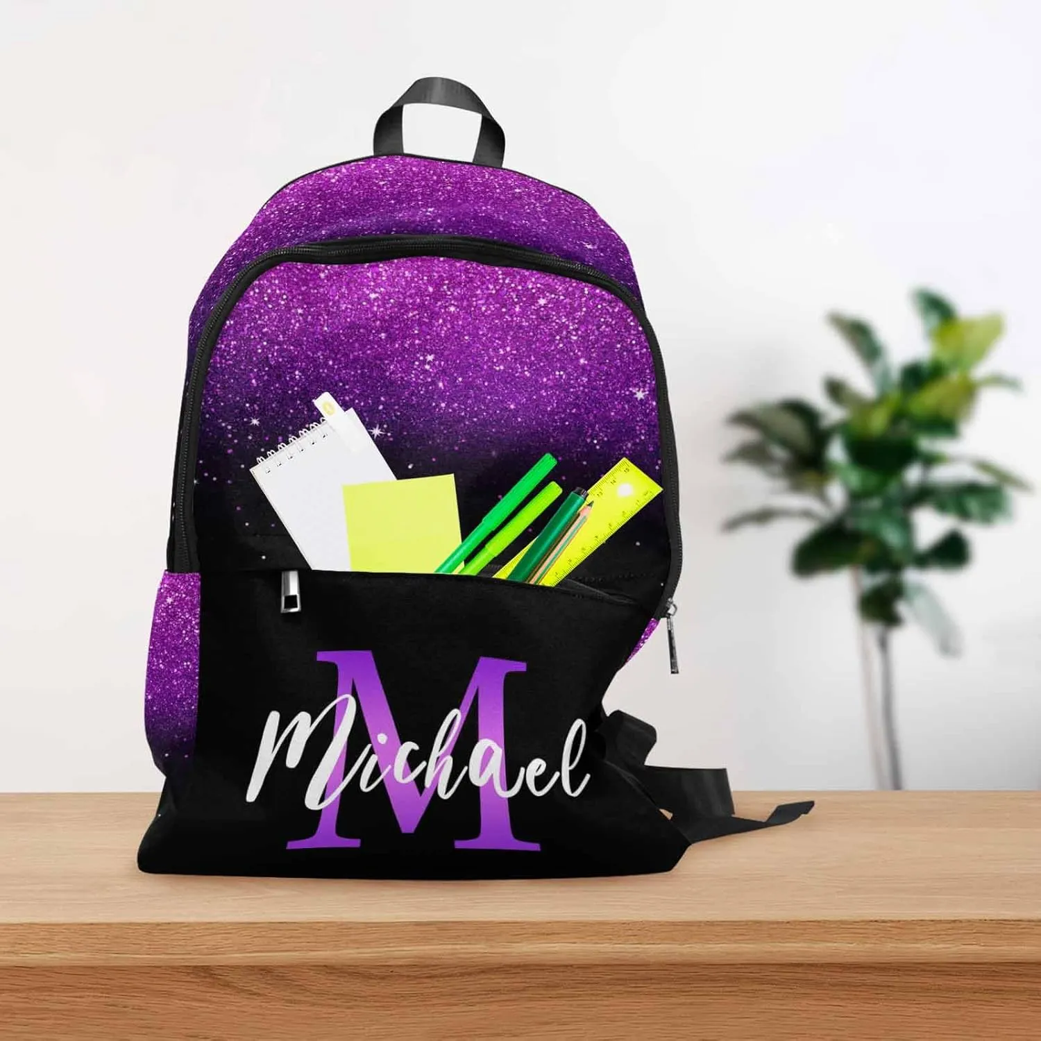 Custom Monogram Backpack for Kids, Personalized Shinning Glitter Bag Schoolbag Casual Daypack for Boys Girls Customized Initial Name Travel Laptop Bag Backpack for Daughter Son Teens Travel Picnic
