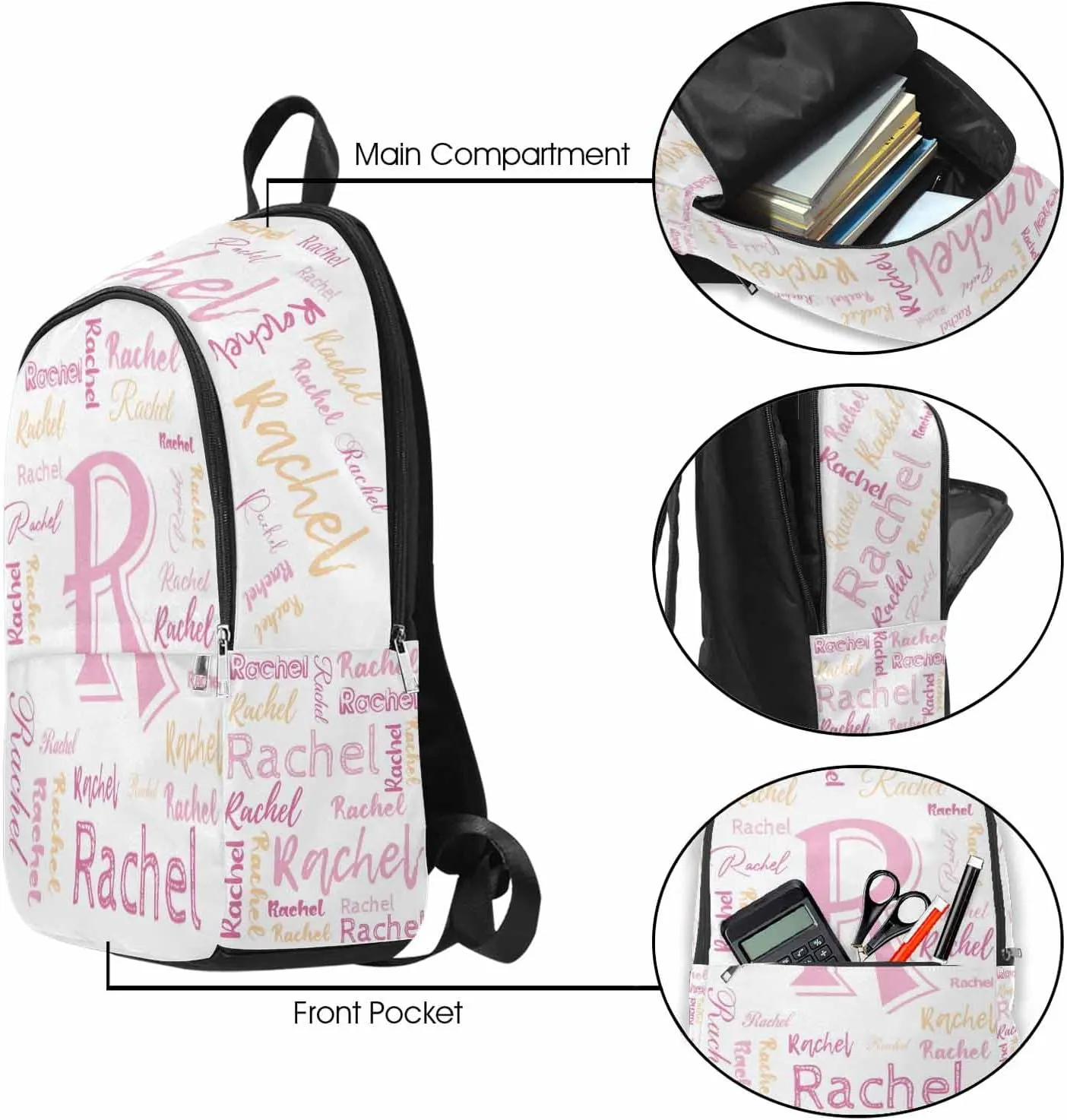 Custom School Bags for Girls Pink Yellow Textt White Personalized Backpack with Name Bookbag Elementary Primary School Bags Rucksack High College Book Back Packs for Kids Teens Back to School Gifts