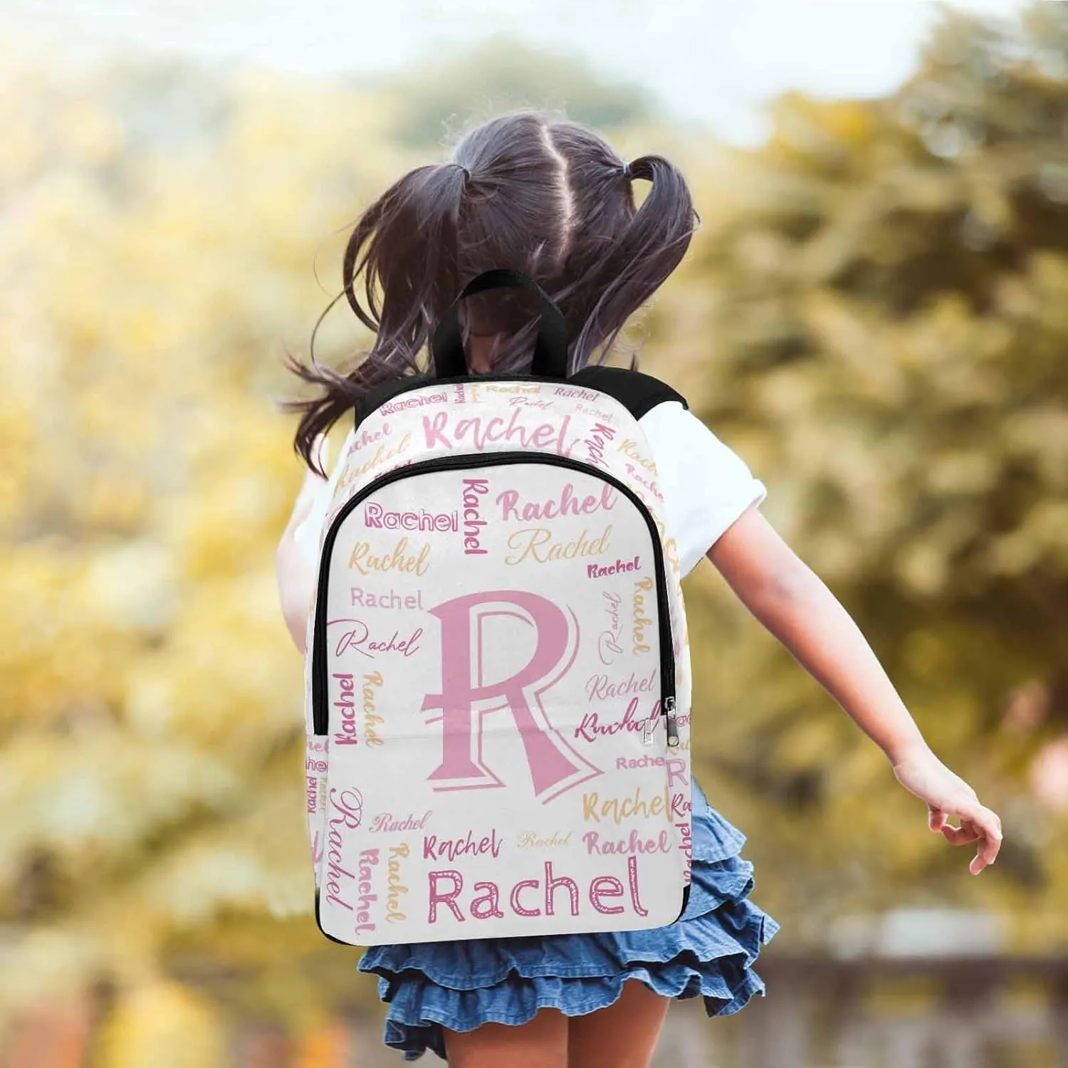 Custom School Bags for Girls Pink Yellow Textt White Personalized Backpack with Name Bookbag Elementary Primary School Bags Rucksack High College Book Back Packs for Kids Teens Back to School Gifts
