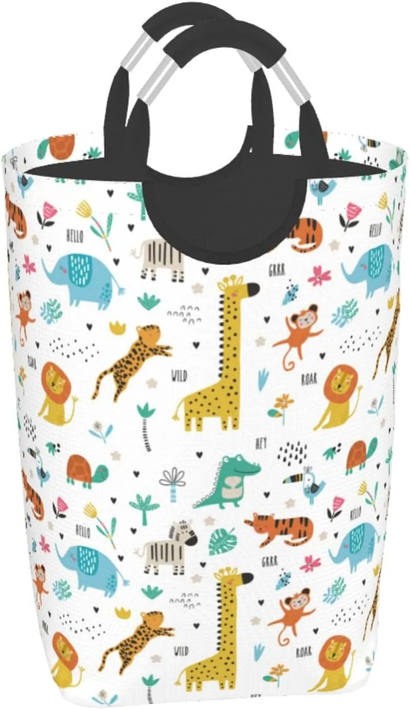 Cute Animals Collapsible Laundry Basket with Handle - Giraffe, Elephant, Monkey Design - 50L Storage for Dorm, Family, Bathroom Decor