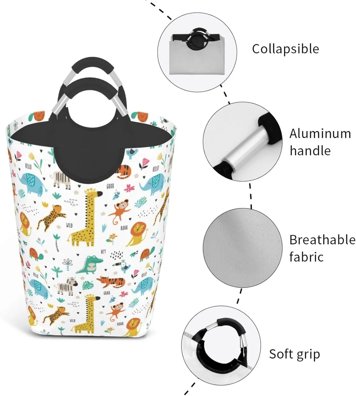 Cute Animals Collapsible Laundry Basket with Handle - Giraffe, Elephant, Monkey Design - 50L Storage for Dorm, Family, Bathroom Decor