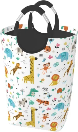 Cute Animals Collapsible Laundry Basket with Handle - Giraffe, Elephant, Monkey Design - 50L Storage for Dorm, Family, Bathroom Decor