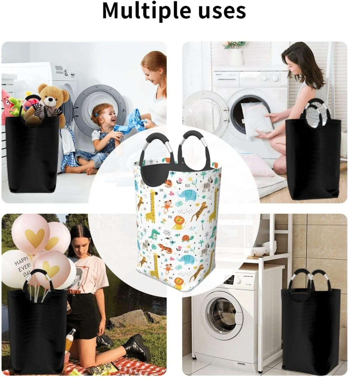 Cute Animals Collapsible Laundry Basket with Handle - Giraffe, Elephant, Monkey Design - 50L Storage for Dorm, Family, Bathroom Decor