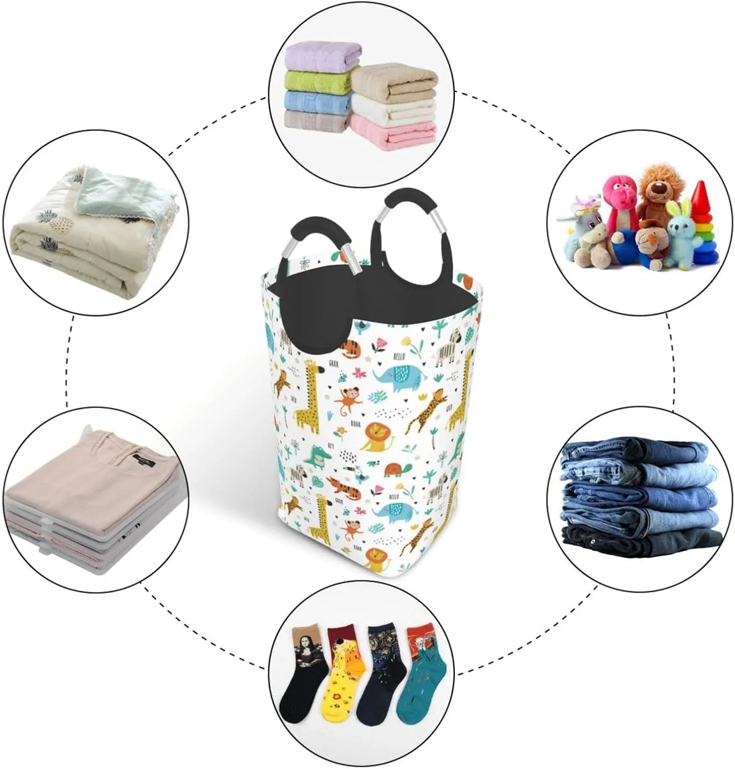 Cute Animals Collapsible Laundry Basket with Handle - Giraffe, Elephant, Monkey Design - 50L Storage for Dorm, Family, Bathroom Decor