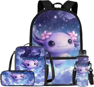 Cute Axolotl Book Bags for Kids School Galaxy Backpack with Pencil Case Lunch Bag and Water Cup Cover 4 in 1 17 Inch School Backpack for Middle School with Front Compartment