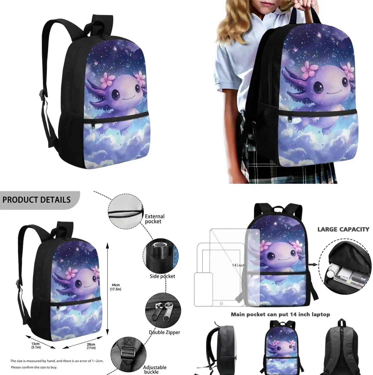 Cute Axolotl Book Bags for Kids School Galaxy Backpack with Pencil Case Lunch Bag and Water Cup Cover 4 in 1 17 Inch School Backpack for Middle School with Front Compartment