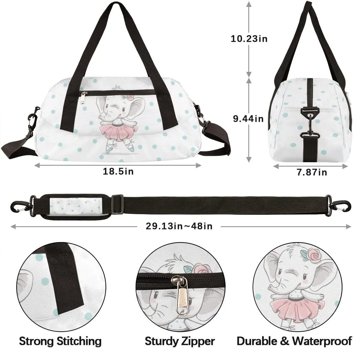 Cute Baby Elephant Kids Duffel Bag for Girls Boys Teens, FLower Dance Bag Overnight Small Duffel Bag Carry On Weekend Sports Gym Travel Bag for School Practice Gymnastics Ballet