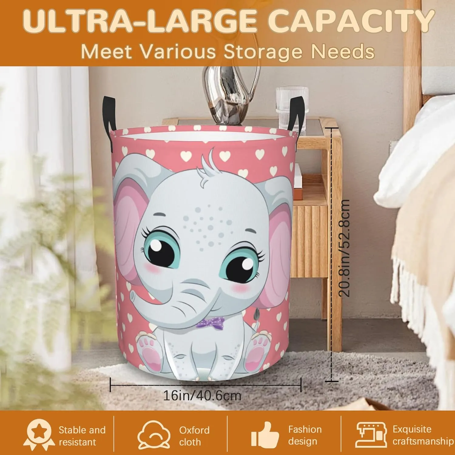 Cute Baby Elephant Laundry Basket,Pink Love Heart Foldable Laundry Hamper Waterproof Oxford Cloth Tote Bag,Clothes Storage Bucket Decorative Toy Organizer For Bathroom Bedroom 16" x 20"