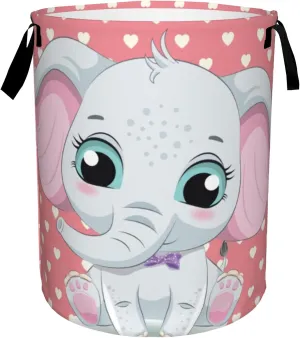 Cute Baby Elephant Laundry Basket,Pink Love Heart Foldable Laundry Hamper Waterproof Oxford Cloth Tote Bag,Clothes Storage Bucket Decorative Toy Organizer For Bathroom Bedroom 16" x 20"