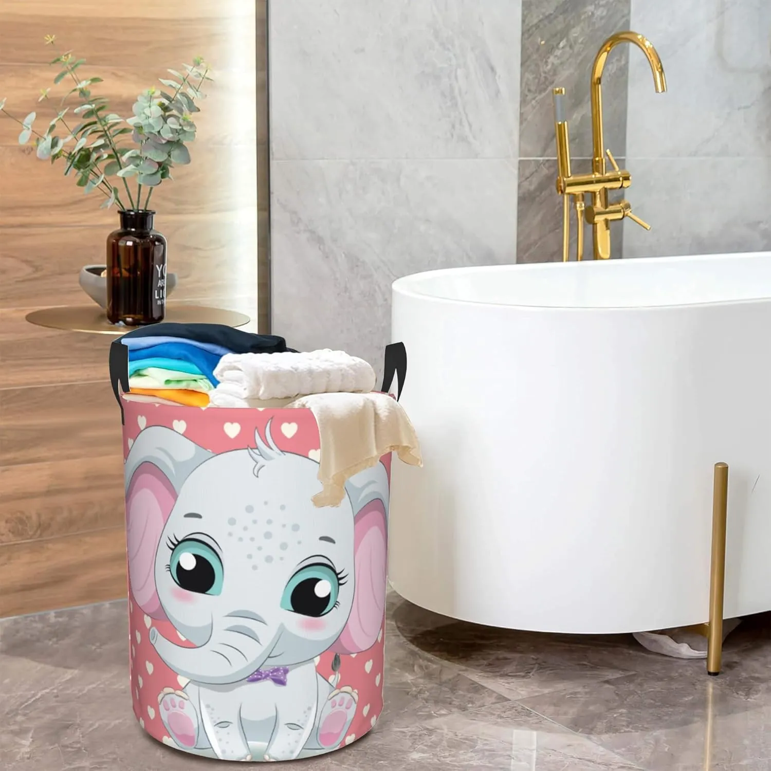 Cute Baby Elephant Laundry Basket,Pink Love Heart Foldable Laundry Hamper Waterproof Oxford Cloth Tote Bag,Clothes Storage Bucket Decorative Toy Organizer For Bathroom Bedroom 16" x 20"