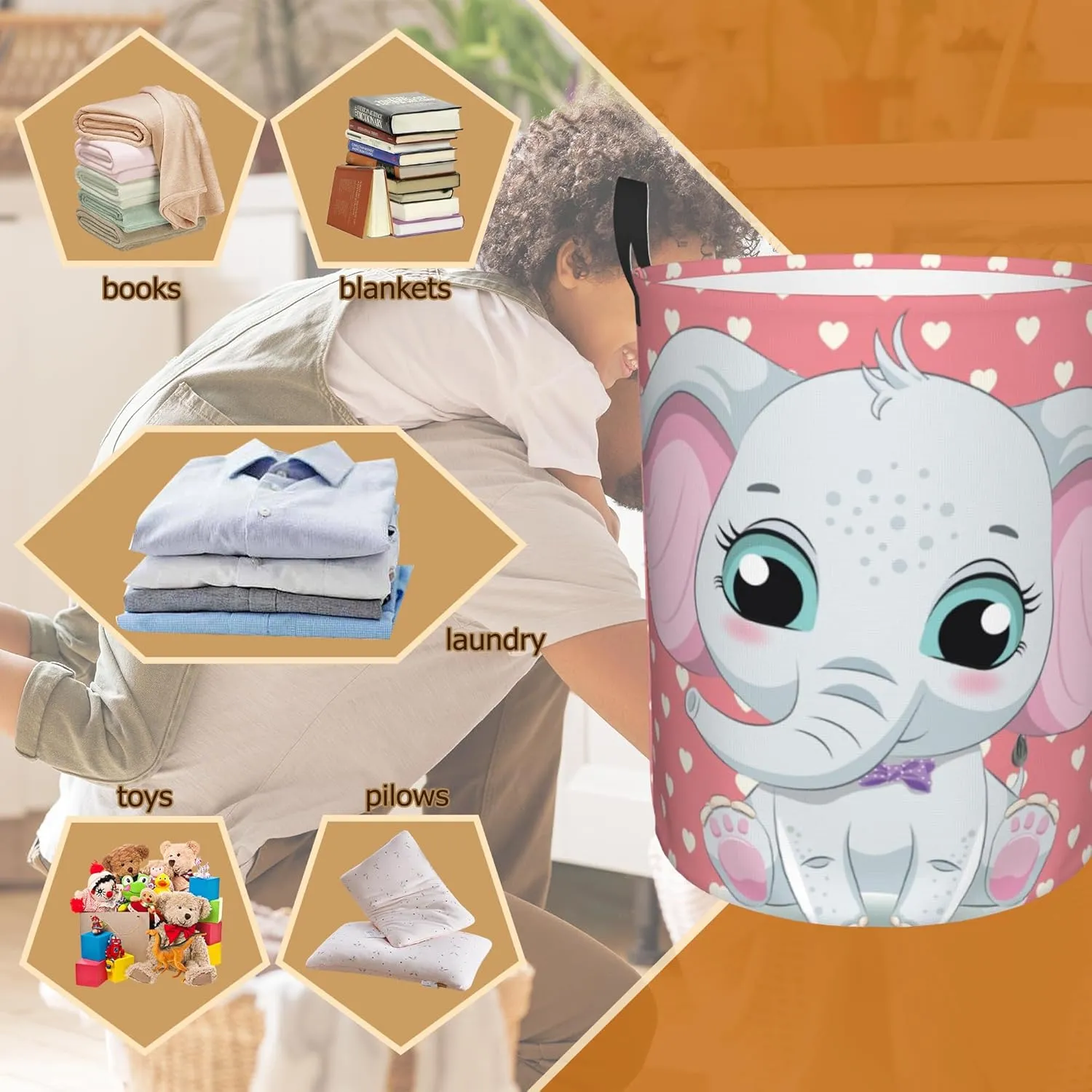 Cute Baby Elephant Laundry Basket,Pink Love Heart Foldable Laundry Hamper Waterproof Oxford Cloth Tote Bag,Clothes Storage Bucket Decorative Toy Organizer For Bathroom Bedroom 16" x 20"