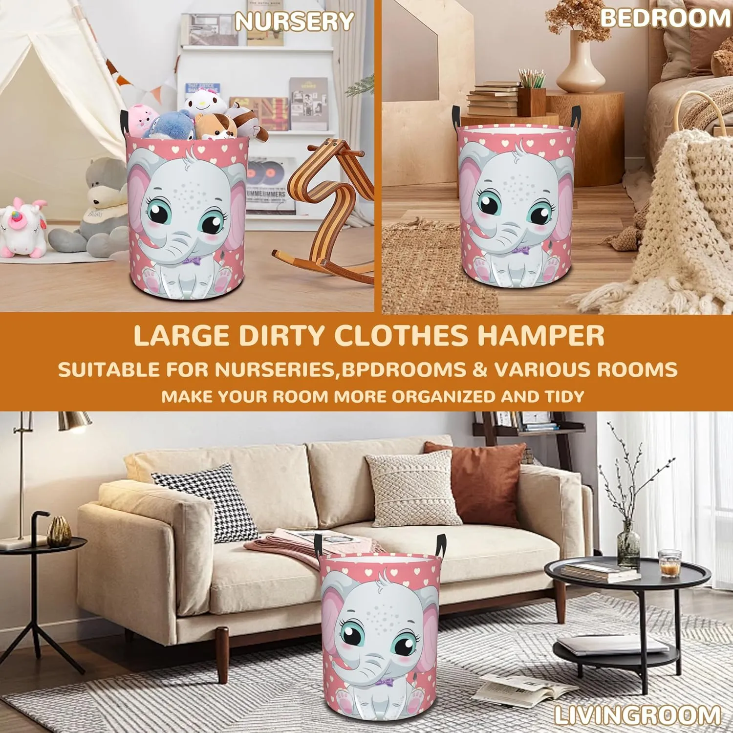 Cute Baby Elephant Laundry Basket,Pink Love Heart Foldable Laundry Hamper Waterproof Oxford Cloth Tote Bag,Clothes Storage Bucket Decorative Toy Organizer For Bathroom Bedroom 16" x 20"