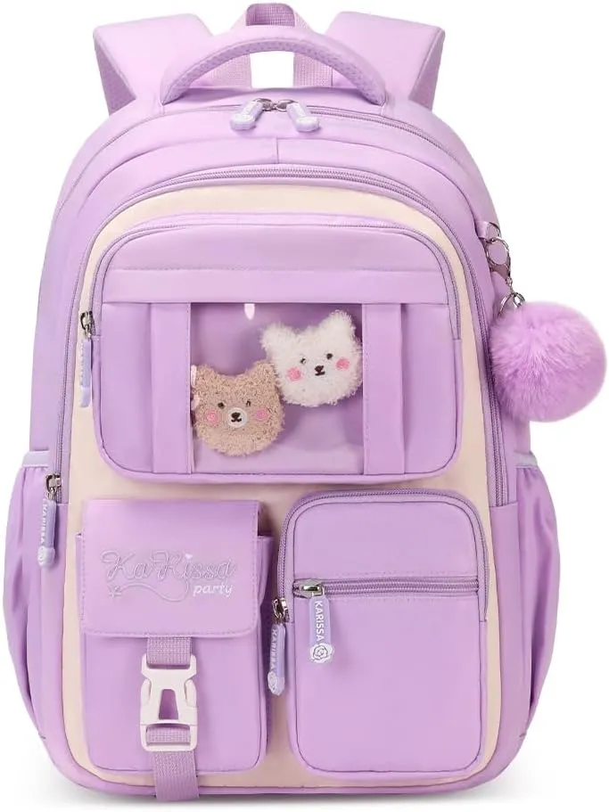 Cute Backpack Girls Large Capacity School Bag Set with Pen Bag and Plush Ball Keychain Sweet Bookbag for Kids (Beige and Purple)
