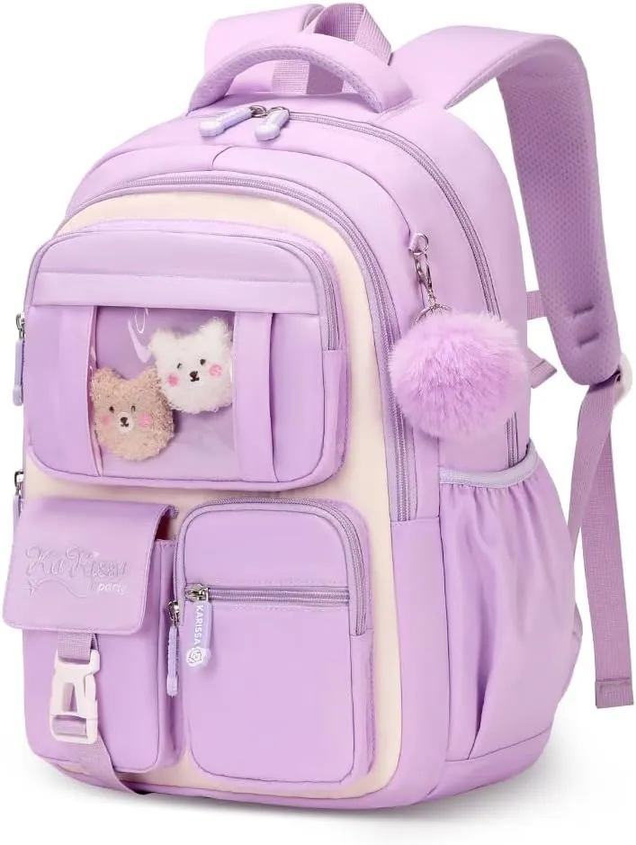 Cute Backpack Girls Large Capacity School Bag Set with Pen Bag and Plush Ball Keychain Sweet Bookbag for Kids (Beige and Purple)