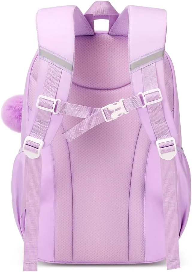 Cute Backpack Girls Large Capacity School Bag Set with Pen Bag and Plush Ball Keychain Sweet Bookbag for Kids (Beige and Purple)