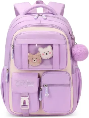 Cute Backpack Girls Large Capacity School Bag Set with Pen Bag and Plush Ball Keychain Sweet Bookbag for Kids (Beige and Purple)
