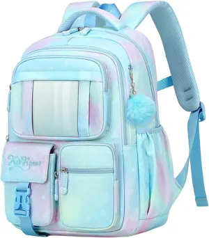Cute Backpack Girls Large Capacity School Bag Set with Pen Bag and Plush Ball Keychain Sweet Bookbag for Kids (Blue)