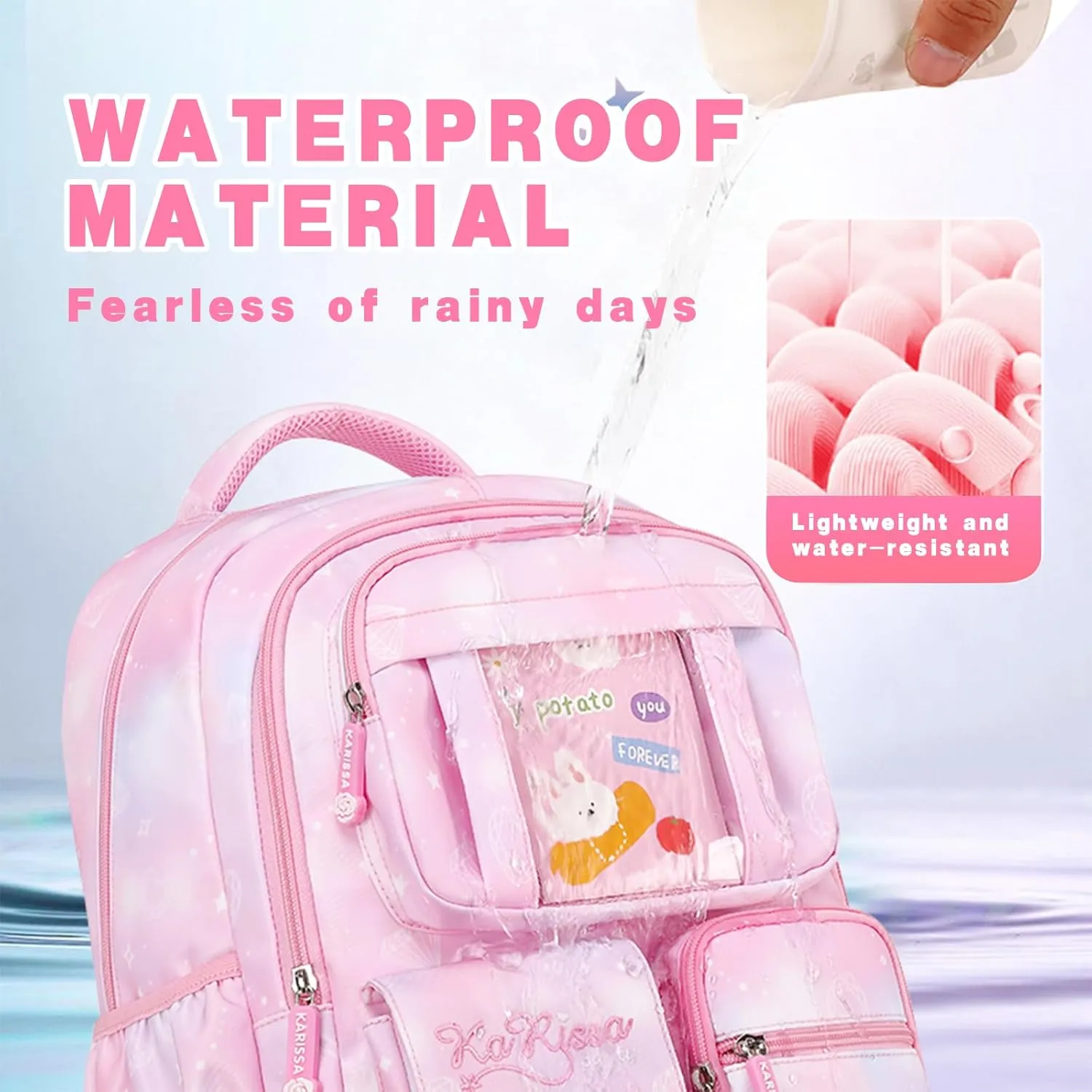Cute Backpack Girls Large Capacity School Bag Set with Pen Bag and Plush Ball Keychain Sweet Bookbag for Kids (Blue)