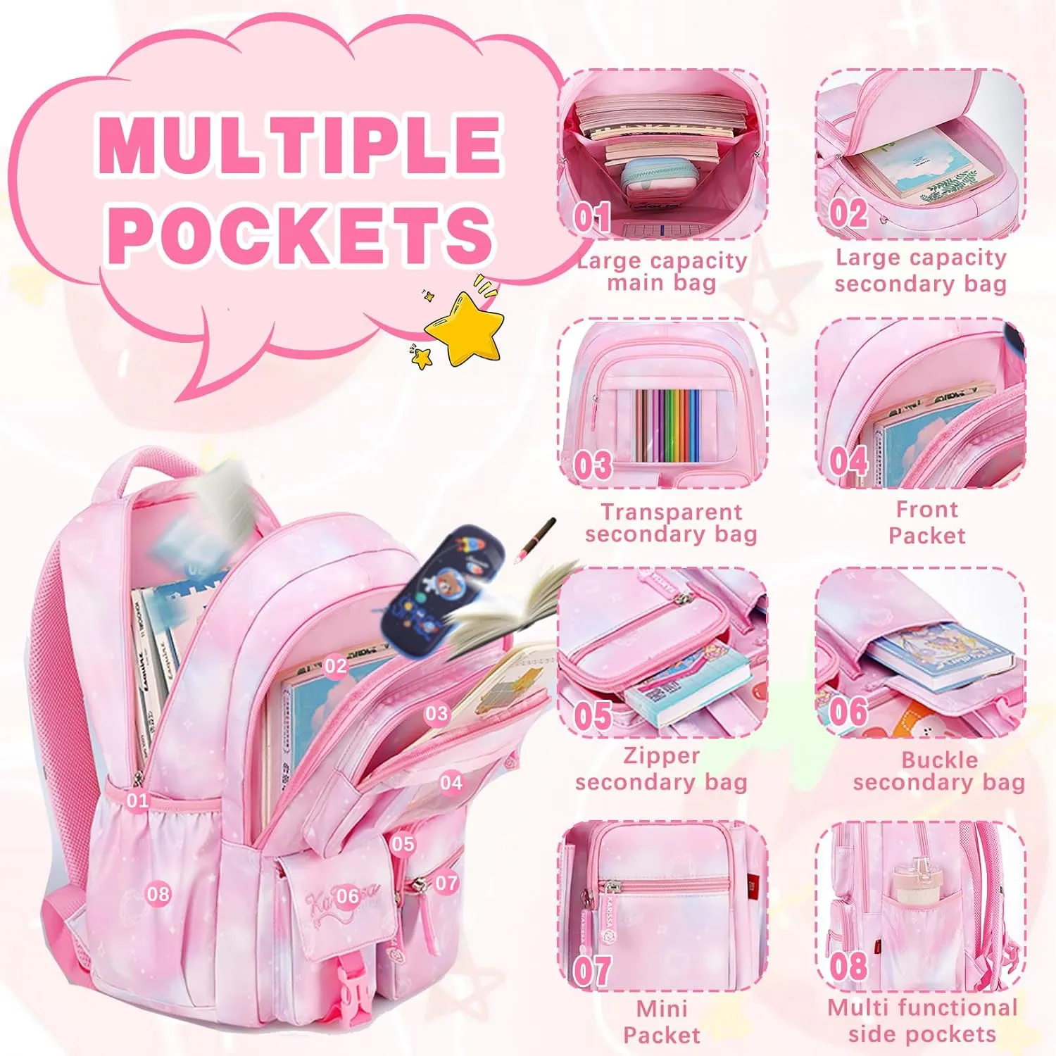 Cute Backpack Girls Large Capacity School Bag Set with Pen Bag and Plush Ball Keychain Sweet Bookbag for Kids (Blue)