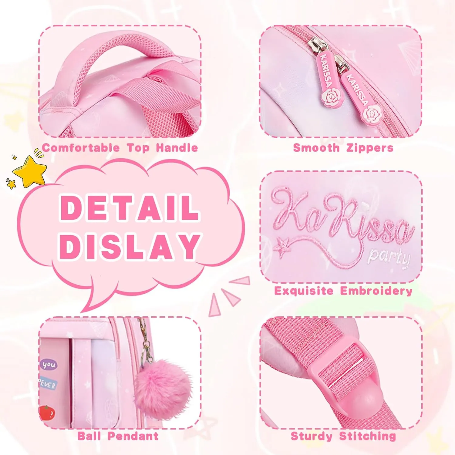 Cute Backpack Girls Large Capacity School Bag Set with Pen Bag and Plush Ball Keychain Sweet Bookbag for Kids (Blue)