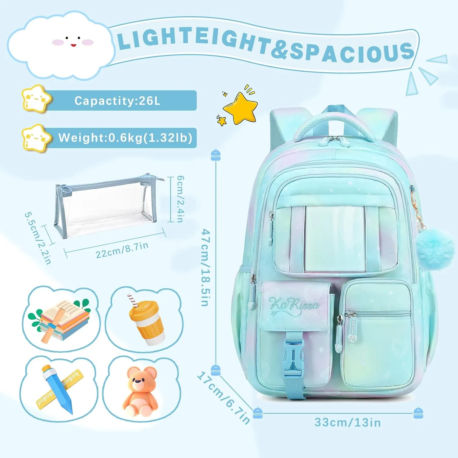 Cute Backpack Girls Large Capacity School Bag Set with Pen Bag and Plush Ball Keychain Sweet Bookbag for Kids (Blue)