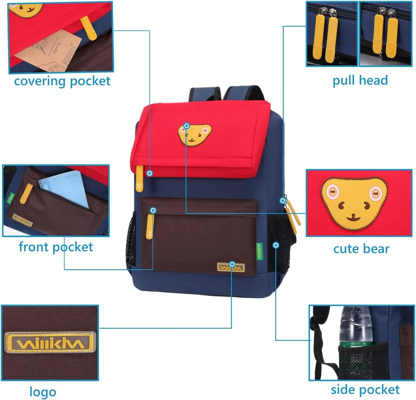 Cute Bear Kids School Backpack for Children Elementary School Bags Girls Boys Bookbags (Azure/Red/Coffee, Medium)