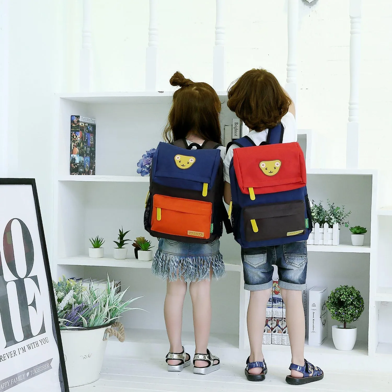 Cute Bear Kids School Backpack for Children Elementary School Bags Girls Boys Bookbags (Dark Blue/Coffee/Green, Medium)