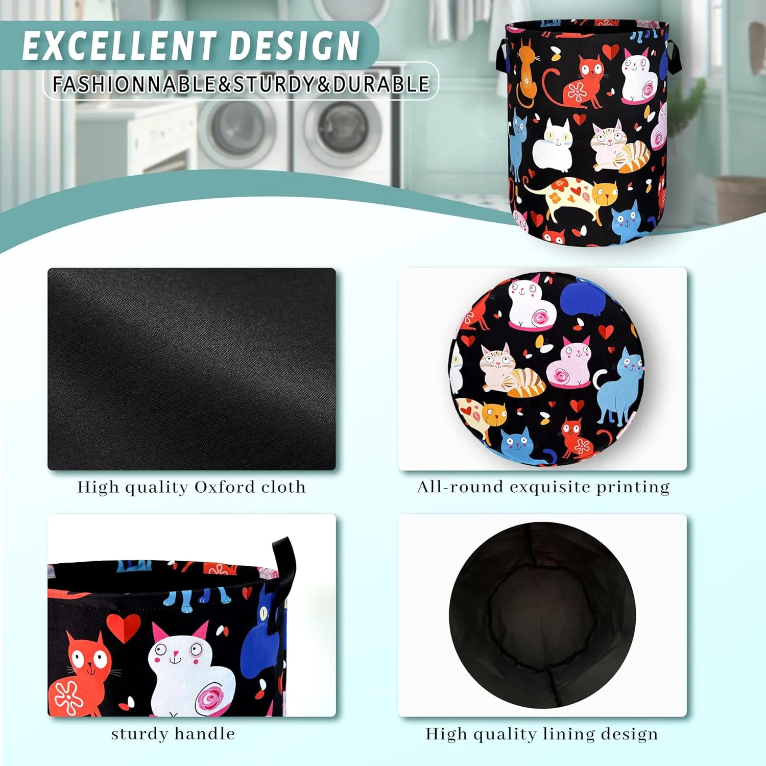 Cute Cats Laundry Hamper Colorful Animal Cat Laundry Basket With Handles Foldable Oxford Cloth Hamper Funny Tote Bag Clothes Toy Storage Bucket 18.9" x 16.5"For Bathroom/Laundry/Bedroom