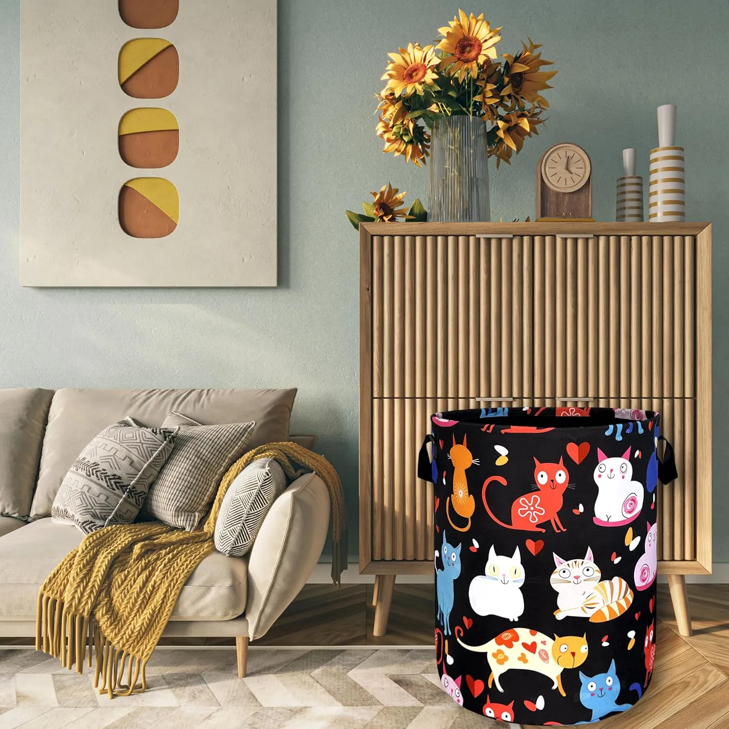 Cute Cats Laundry Hamper Colorful Animal Cat Laundry Basket With Handles Foldable Oxford Cloth Hamper Funny Tote Bag Clothes Toy Storage Bucket 18.9" x 16.5"For Bathroom/Laundry/Bedroom