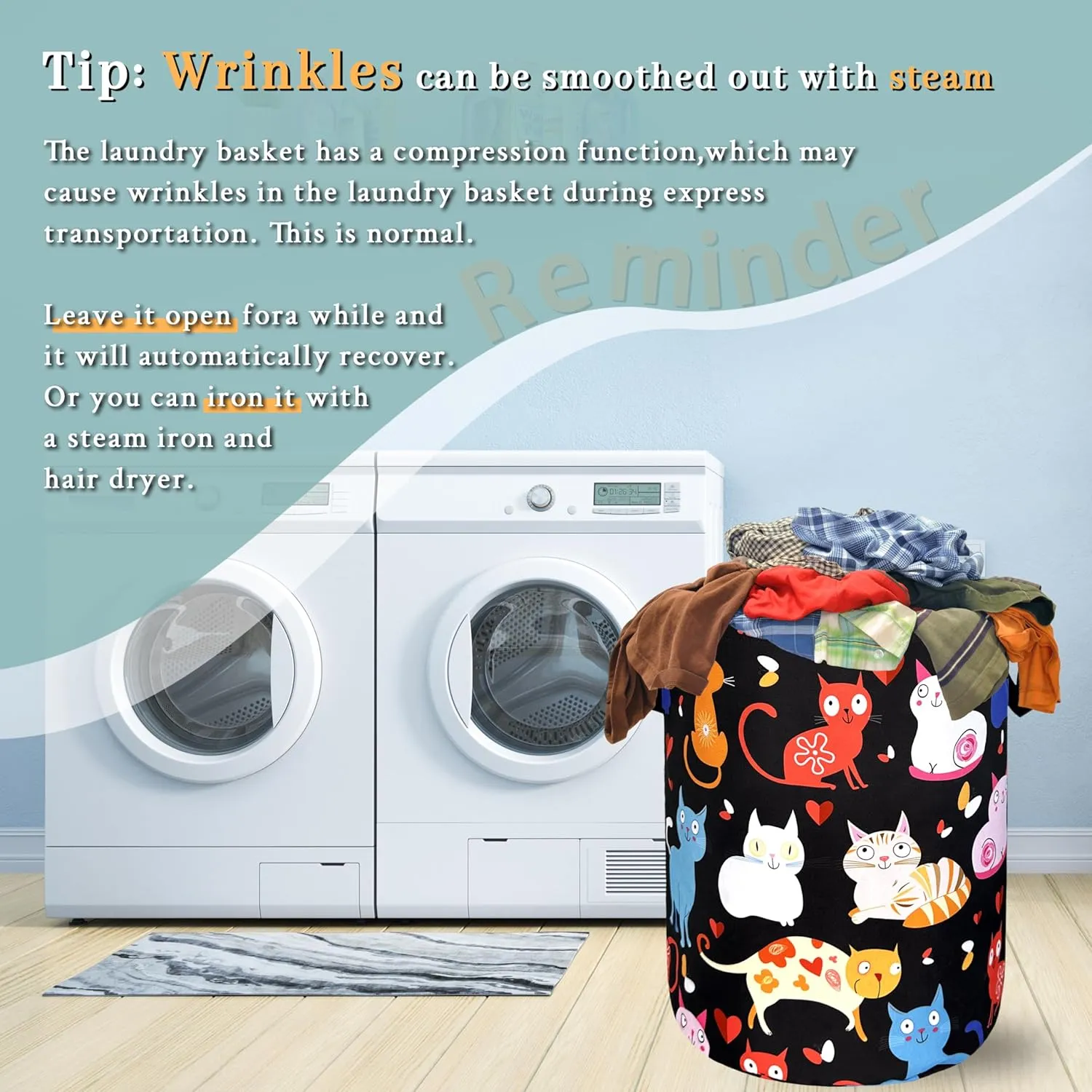 Cute Cats Laundry Hamper Colorful Animal Cat Laundry Basket With Handles Foldable Oxford Cloth Hamper Funny Tote Bag Clothes Toy Storage Bucket 18.9" x 16.5"For Bathroom/Laundry/Bedroom