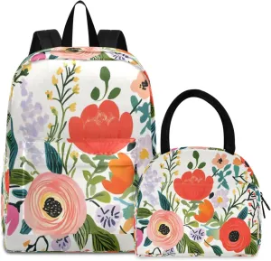 Cute Flower Floral Backpack Set with Lunch Bag for Girls Boys Elementary Primary School Kids Lightweight Daypack Set