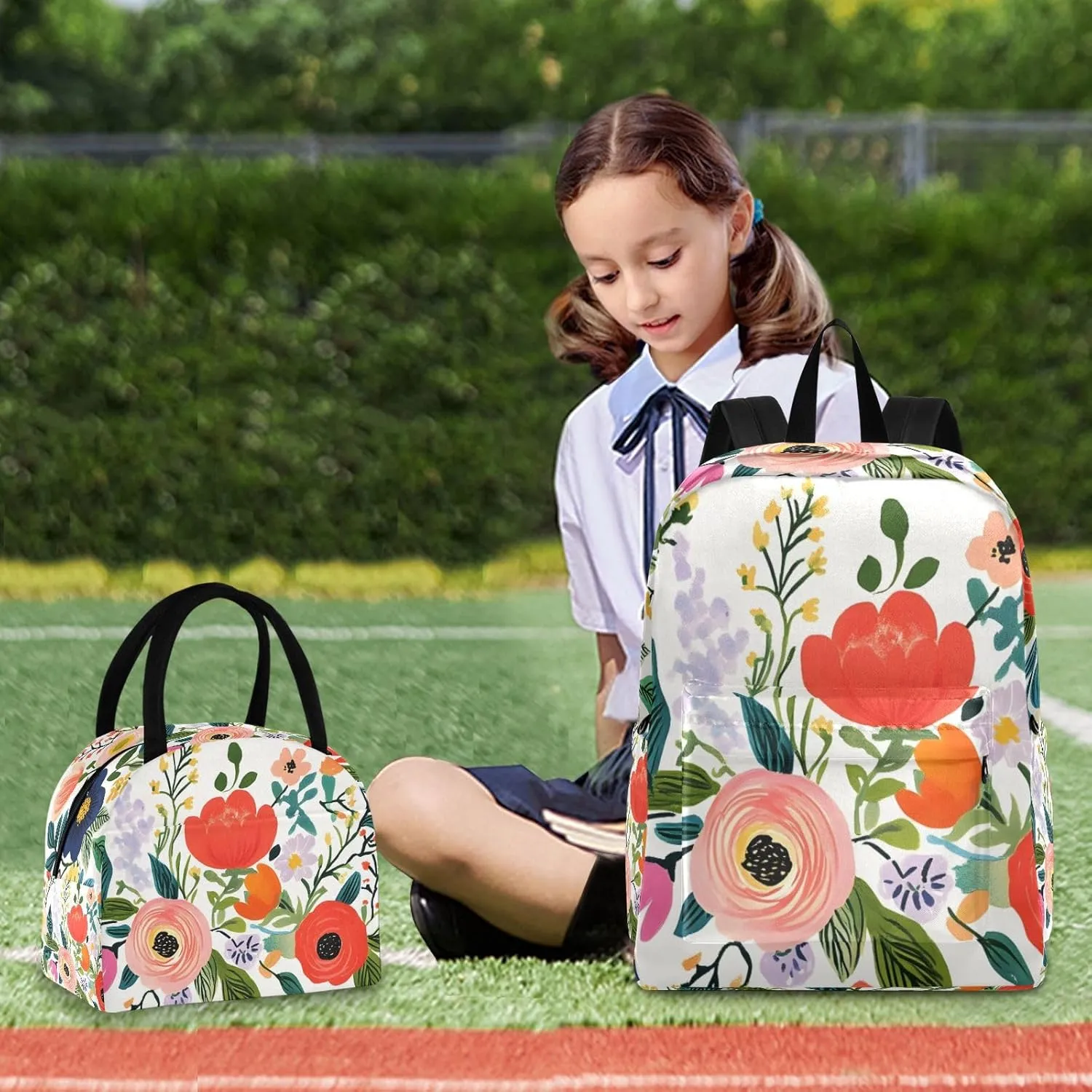Cute Flower Floral Backpack Set with Lunch Bag for Girls Boys Elementary Primary School Kids Lightweight Daypack Set