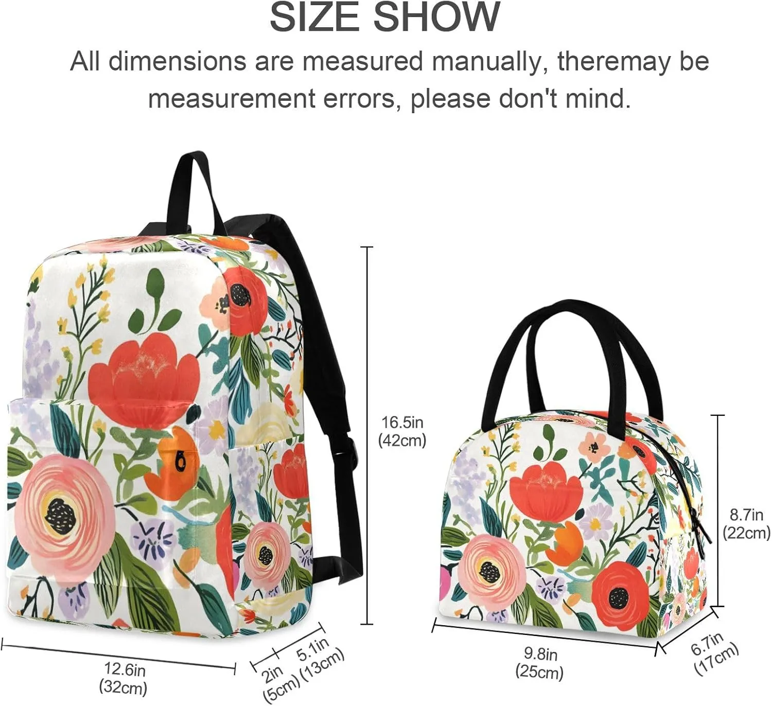 Cute Flower Floral Backpack Set with Lunch Bag for Girls Boys Elementary Primary School Kids Lightweight Daypack Set