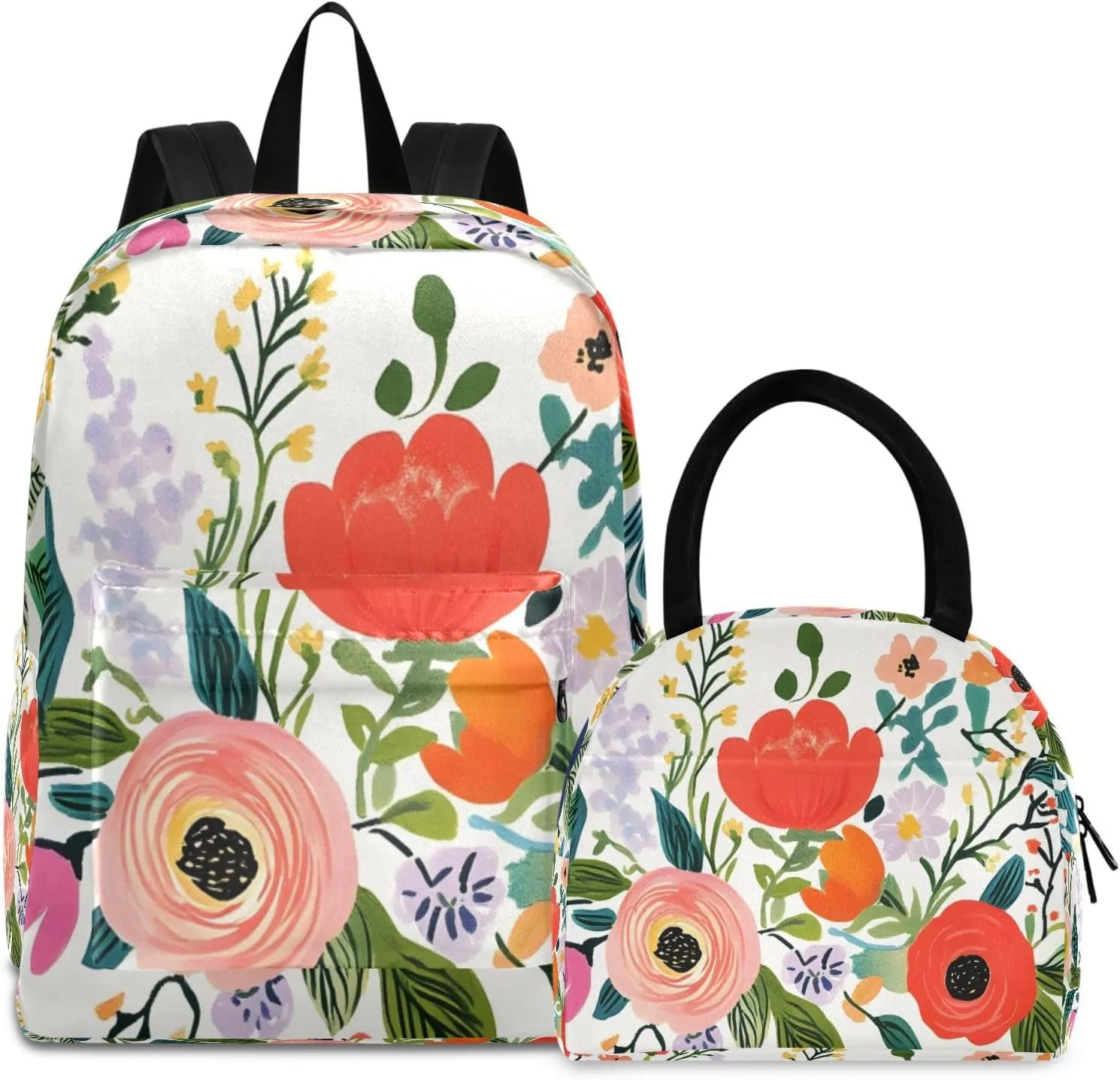 Cute Flower Floral Backpack Set with Lunch Bag for Girls Boys Elementary Primary School Kids Lightweight Daypack Set