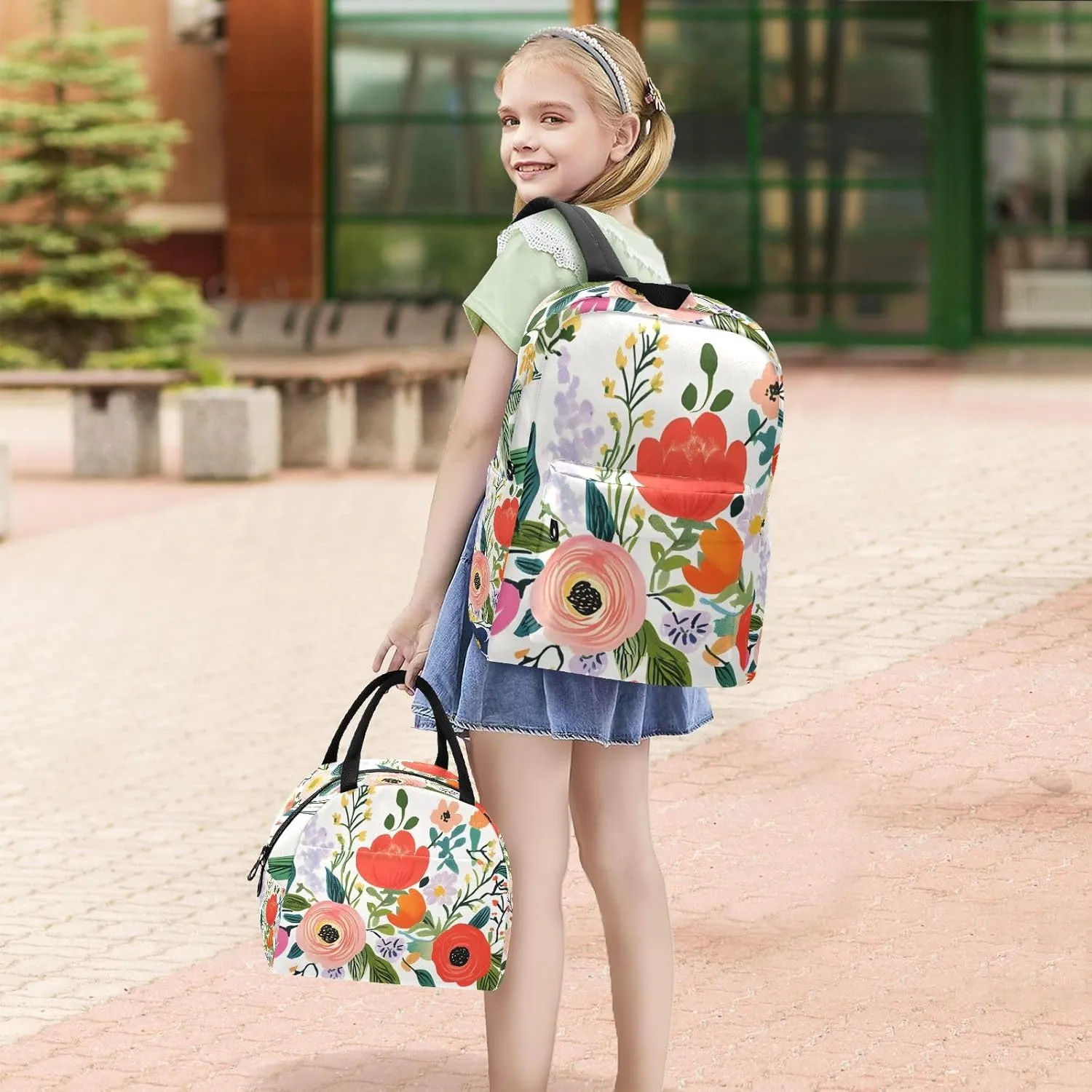 Cute Flower Floral Backpack Set with Lunch Bag for Girls Boys Elementary Primary School Kids Lightweight Daypack Set