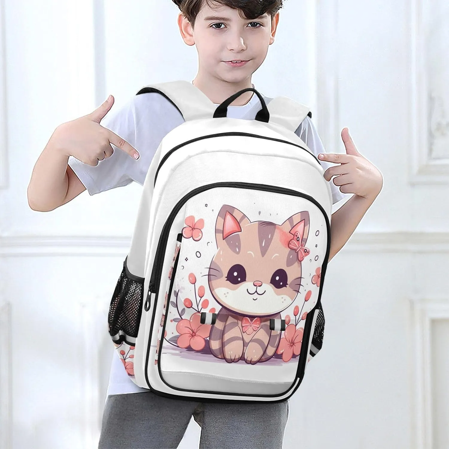 Cute Kitten Cat Floral Backpack for Boys Girls Students Bookbag School Travel Daypack