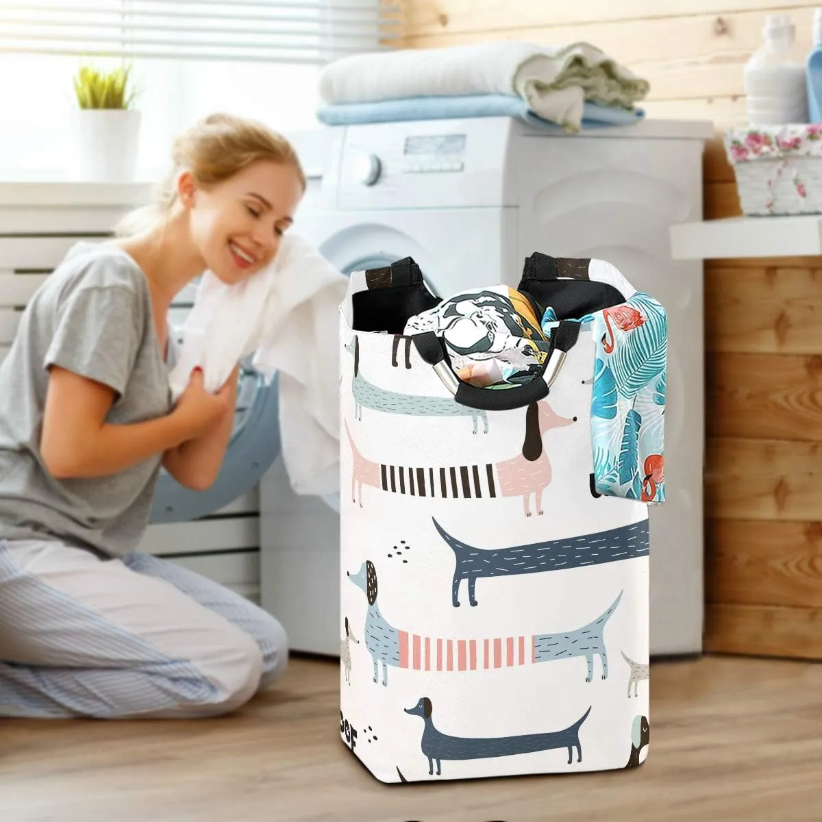 Cute Navy Blue Dachshund Storage Basket/Toy Organizer/Dirty Clothes Collapsible Waterproof for College Dorms, Kids Bedroom,Bathroom,Laundry Hamper