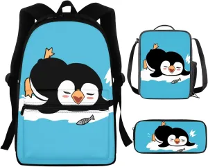 Cute Penguin School Bag With Lunch Box for Girls Boys Ages 8-10/10-12 Kids Bookbag Elementary Primary School Backpack Pencil Case Lunchbag Set 3 In 1 Back To School Bagpack Blue