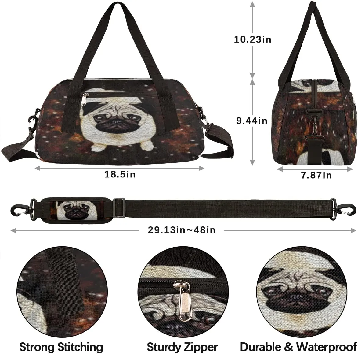 Cute Pug Dog Kids Duffel Bag for Girls Boys Teens, Pug Dog Oil Painting Dance Bag Overnight Small Duffel Bag Carry On Weekend Sports Gym Travel Bag for School Practice Gymnastics Ballet