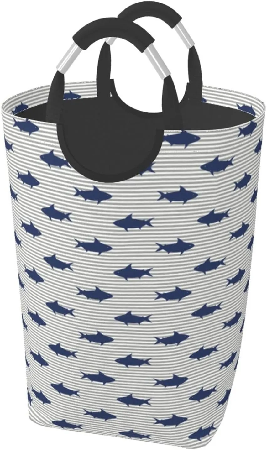 Cute Shark Laundry Basket Ocean Fish Laundry Hamper Funny Collapsible Laundry Baskets with Handle Blue Laundry Bag Dirty Clothes Hamper for Dorm Family Bathroom Decor Storage 50L