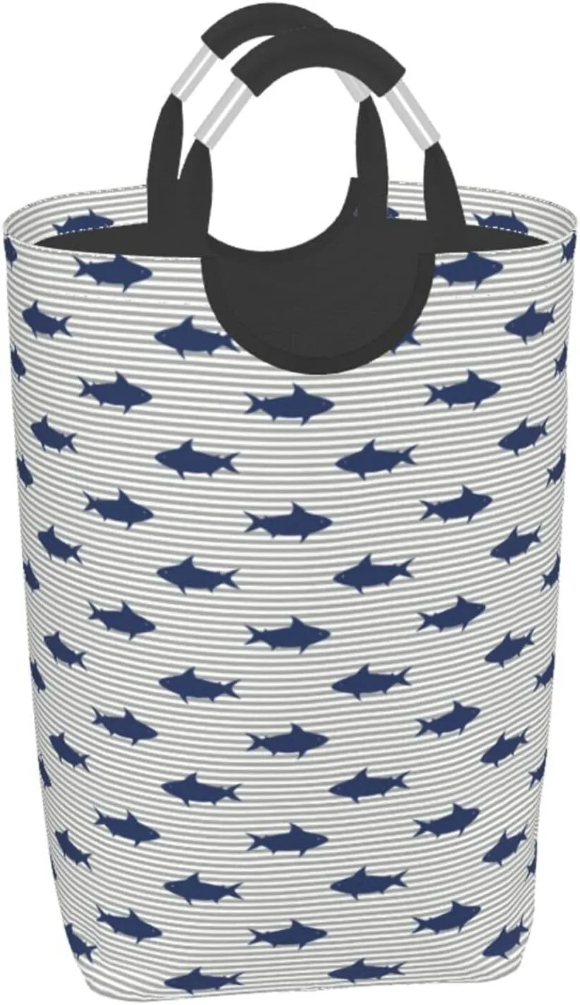 Cute Shark Laundry Basket Ocean Fish Laundry Hamper Funny Collapsible Laundry Baskets with Handle Blue Laundry Bag Dirty Clothes Hamper for Dorm Family Bathroom Decor Storage 50L