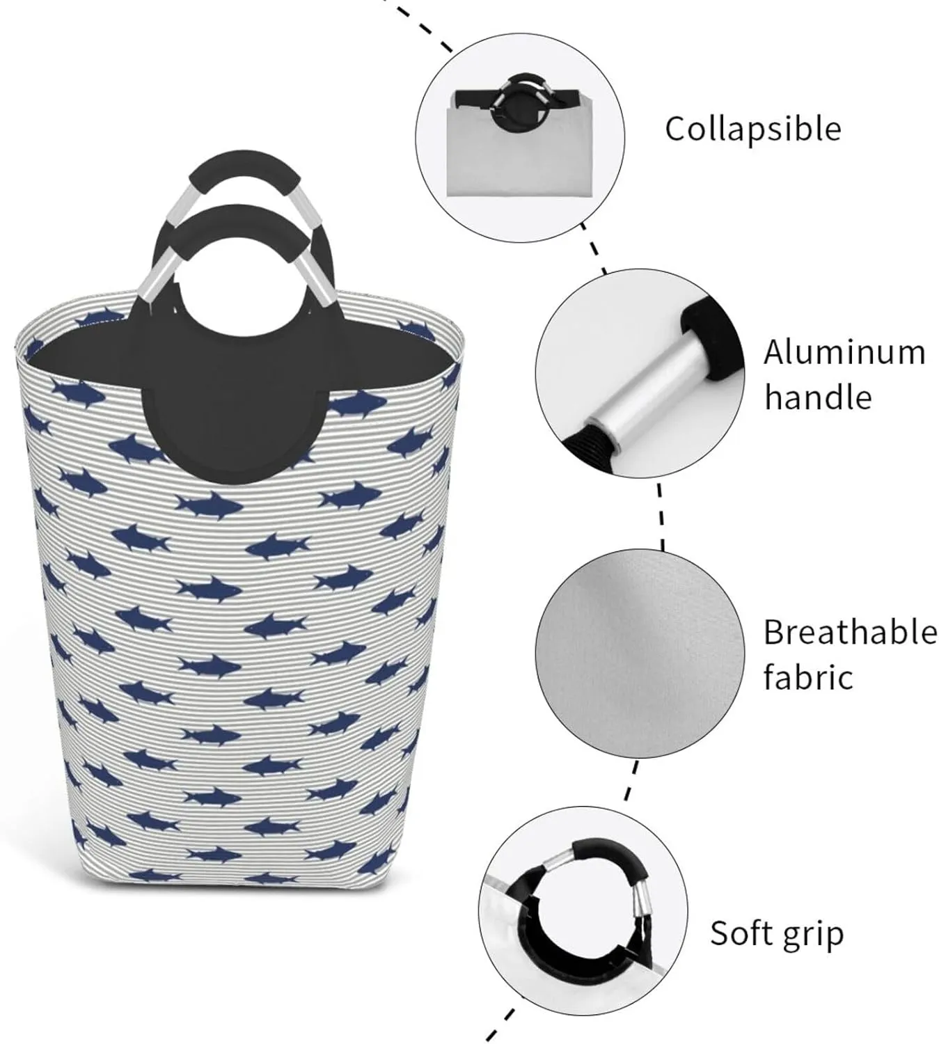 Cute Shark Laundry Basket Ocean Fish Laundry Hamper Funny Collapsible Laundry Baskets with Handle Blue Laundry Bag Dirty Clothes Hamper for Dorm Family Bathroom Decor Storage 50L